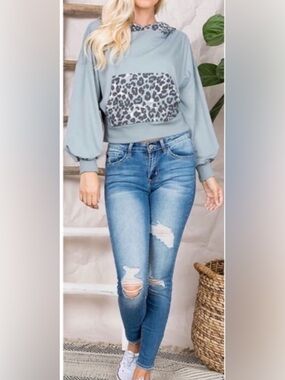 New French Terry Drop Shoulder Reverse Leopard Gray Hoodie